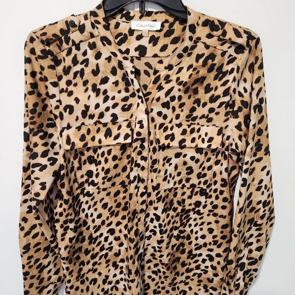 Calvin Klein Women's Brown Leopard Print Long Sleeve Roll -Tab Blouse Top -Small - Picture 1 of 9